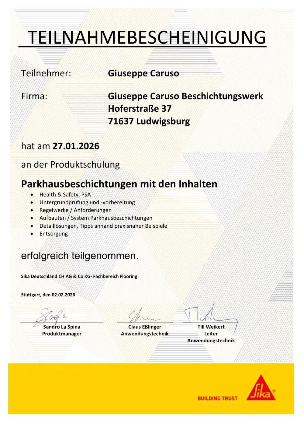 Sika-Teilnahmebescheinigung Parkhausbeschichtungen